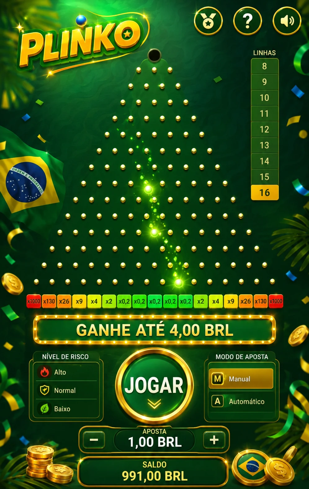 Tela mobile de Plinko com saldo e apostas em BRL