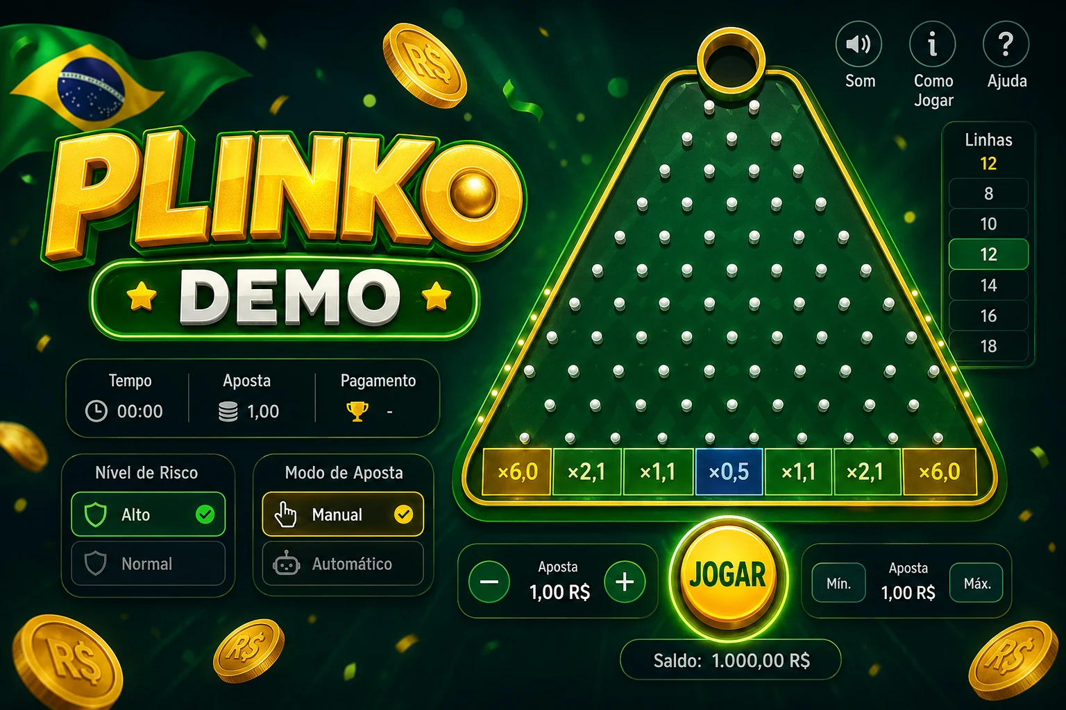 Interface demo de Plinko com aposta e nível de risco