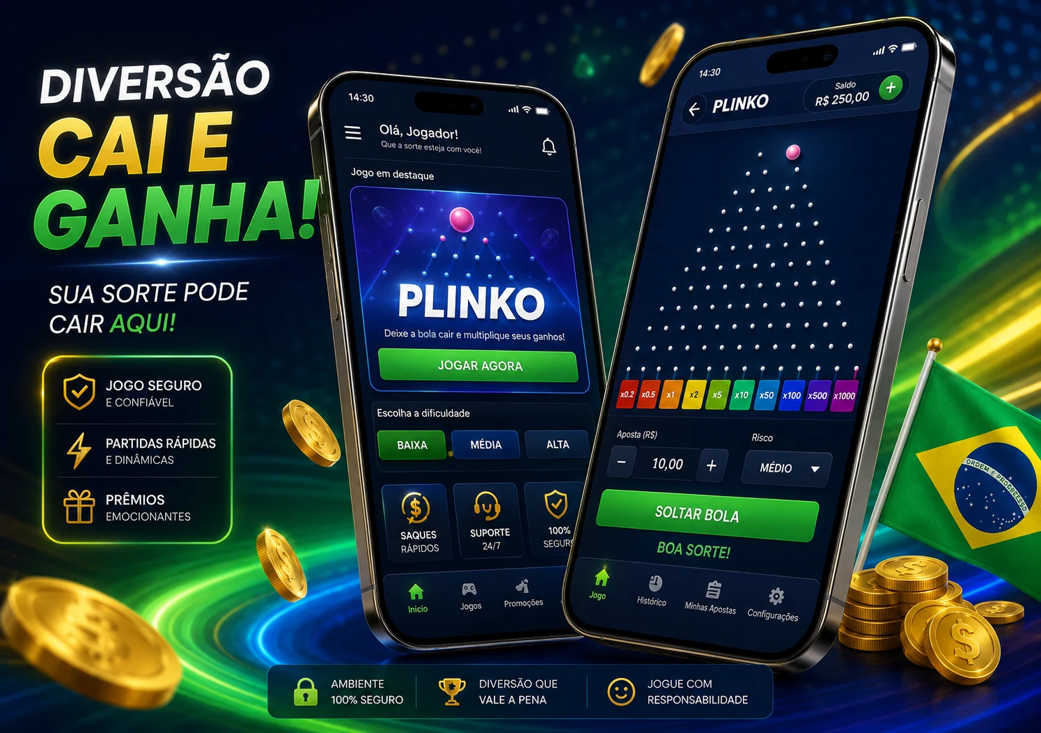 Tela mobile de Plinko com mensagem cai e ganha