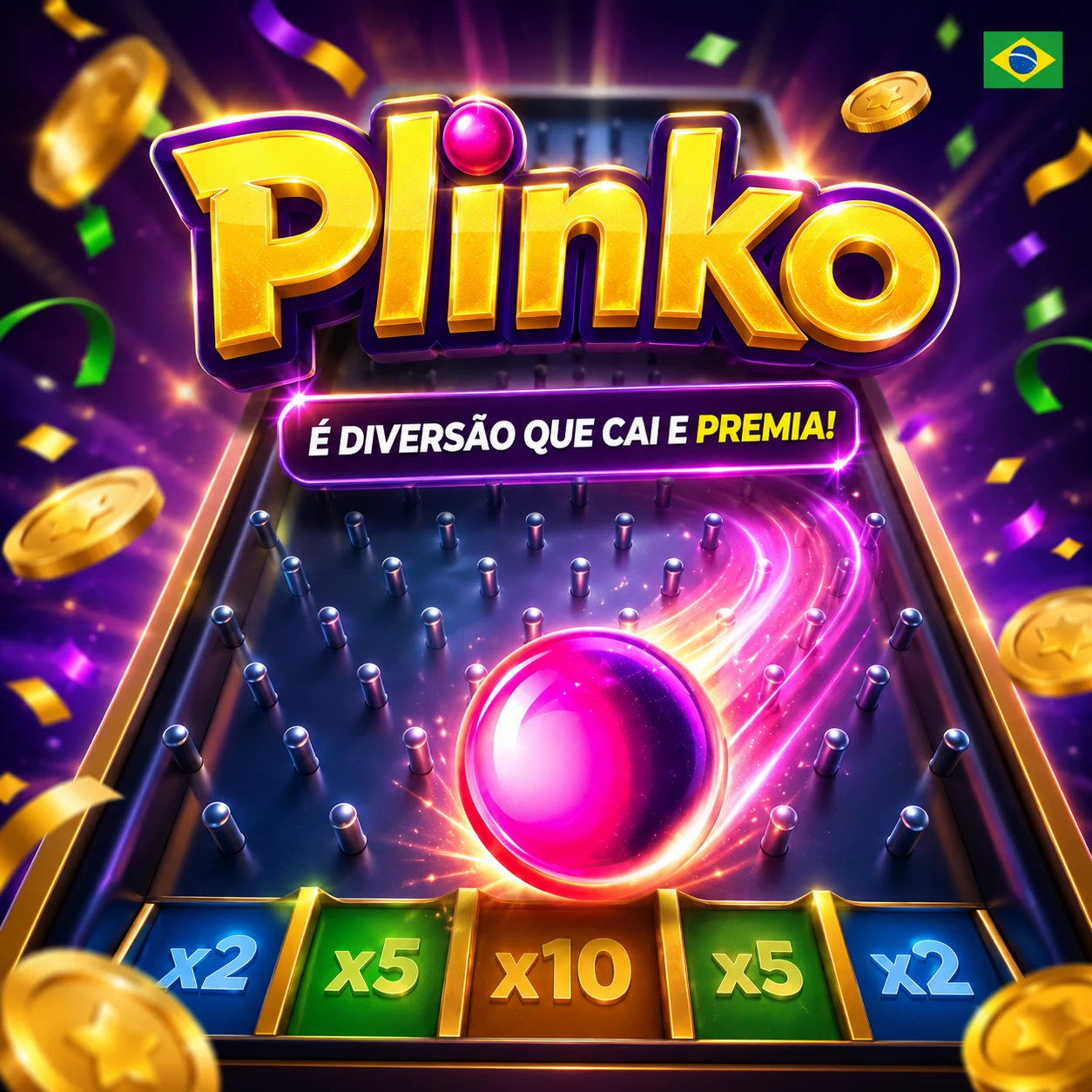 Tabuleiro de Plinko com bola rosa, moedas e bandeira do Brasil