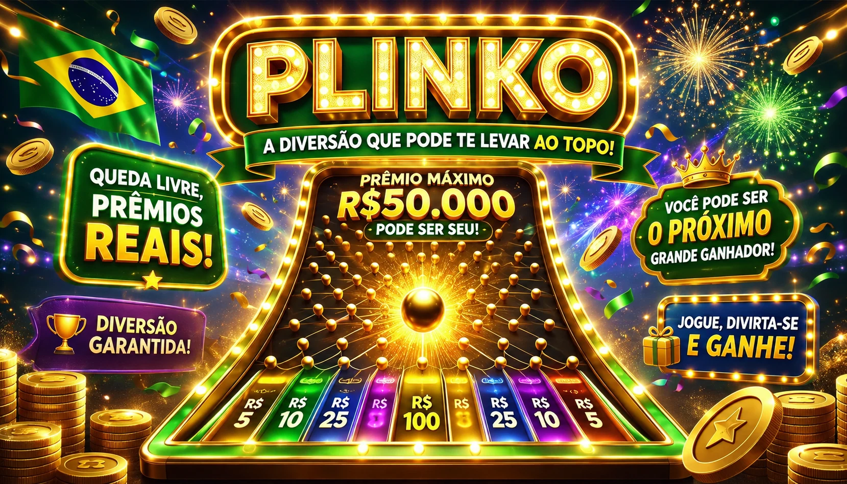 Banner de Plinko com prêmio em reais e bandeira do Brasil